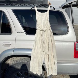 Linen romper with tank top straps and tie at waist